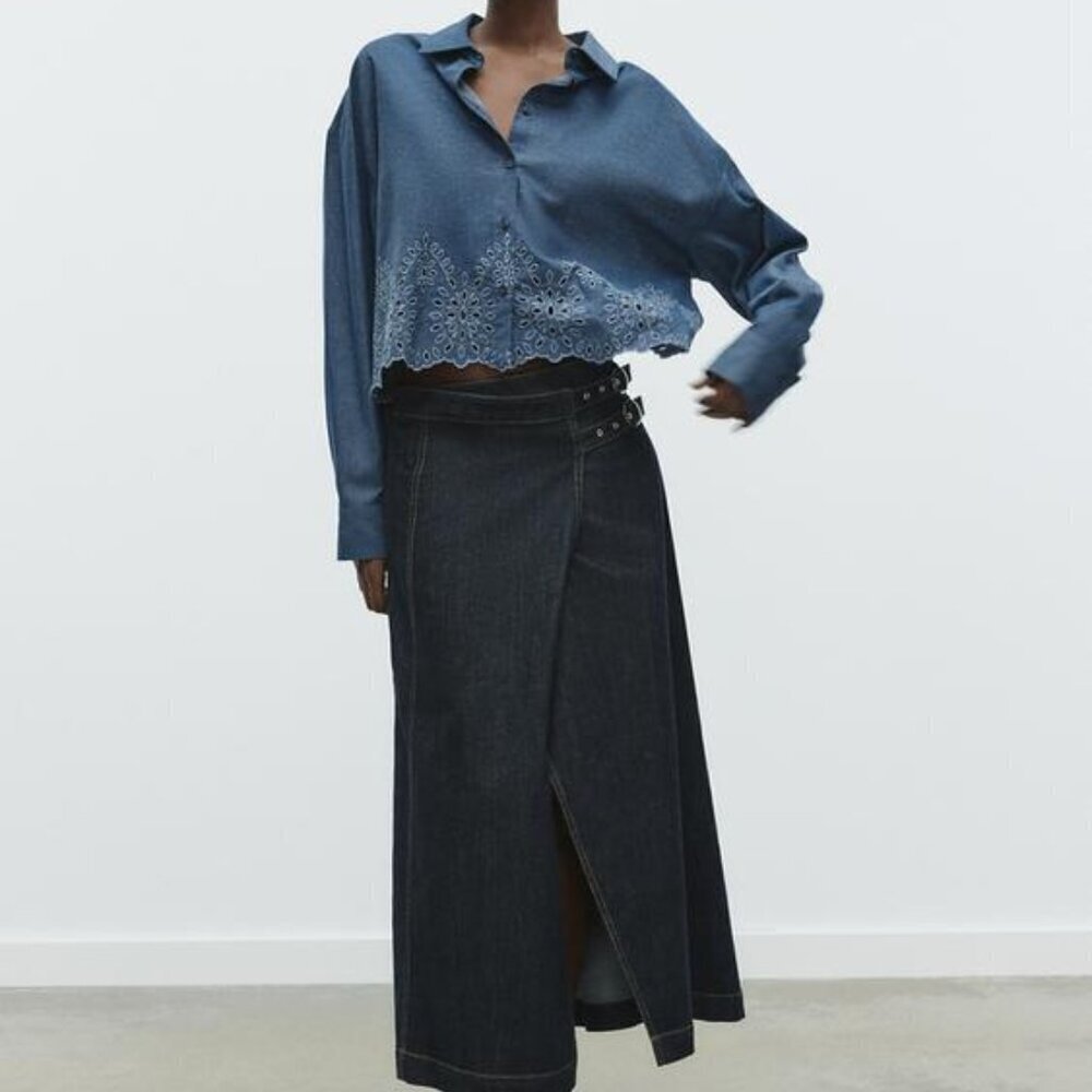 ZARA EMBROIDERED EYELET CROPPED SHIRT SIZE M  3564/060/400